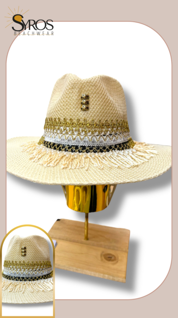 Sombrero decorado detalles dorados blanco y negro