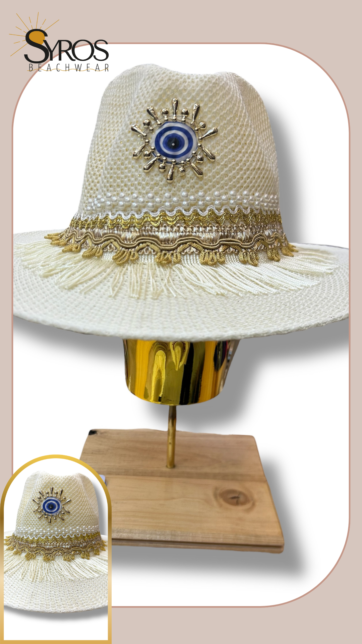 Sombrero decorado detalles dorados y ojo turco pequeño