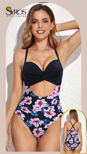 Push Up negro panty estampada flores blancas con rojo hojas azules