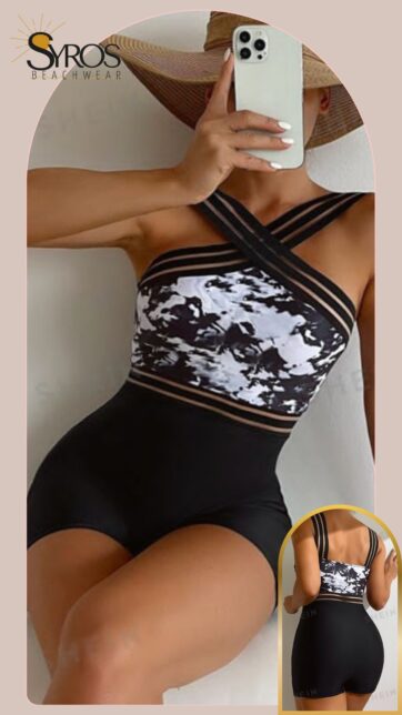 Entero short marmoleado negro con blanco con tiras cruzadas transparencia