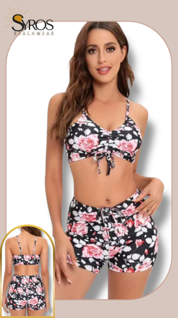 Top con ruche y short negro con estampado rosas blancas con rojo