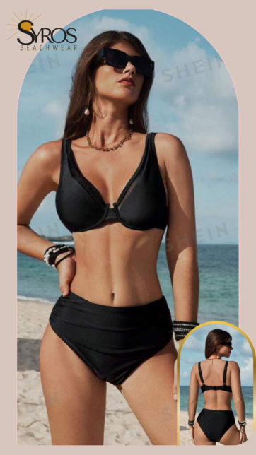 Bikini negro top con malla panty alta arruchada en costados