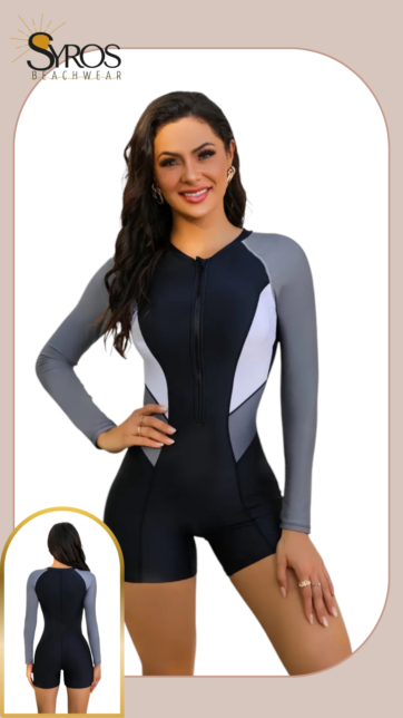 Entero short gris con negro y blanco