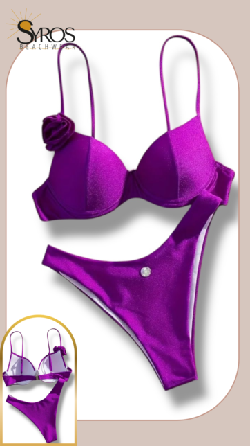 Bikini copa morado flor en top panty completa con brillante