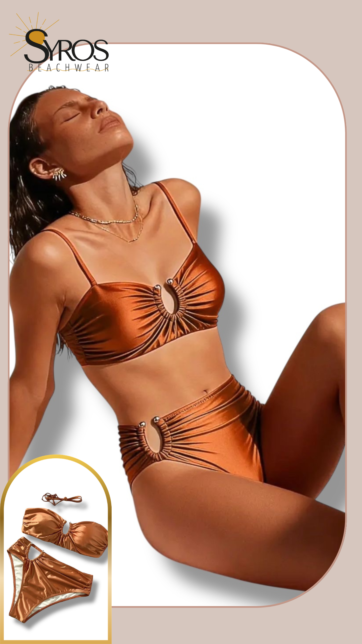 Bikini cobrizo satinado con U metalica panty completa alta
