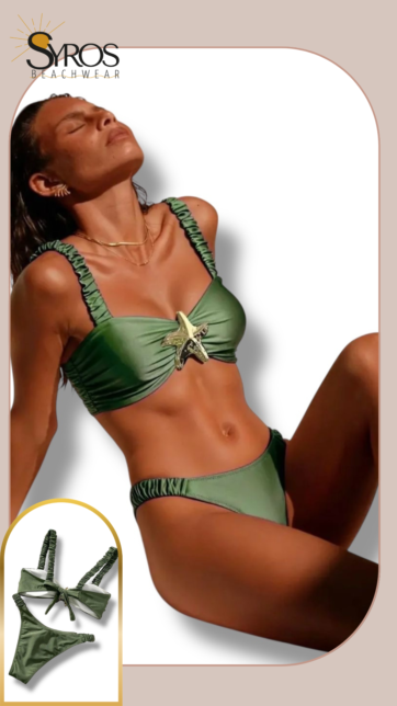 Bikini oliva satinado con arruche en tirantes y panty estrella dorada en top