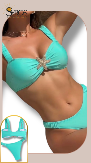Bikini turquesa con estrella dorada en busto ruche en panty y tirantes