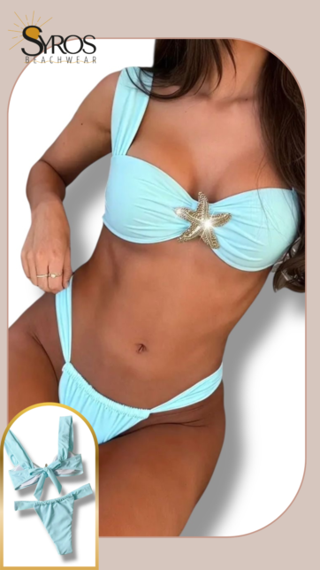 Bikini Celeste estrella dorada en busto panty estilo guayuco