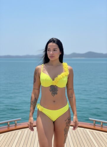 Bikini Push Up amarillo neon con flores en panty y top panty completa