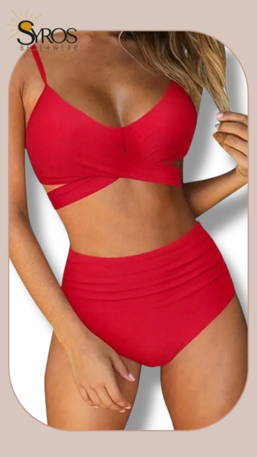 Bikini rojo top cruzado panty completa alta ruche costados