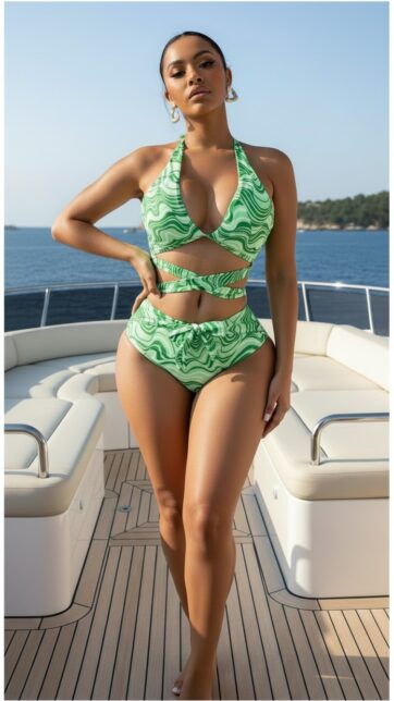 Marmoleado verde claro y oscuro trenzado en abdomen panty alta
