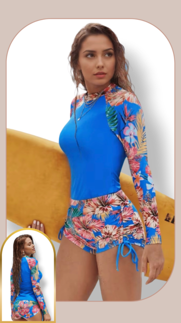 Tankini azul rey mangas y short floreado