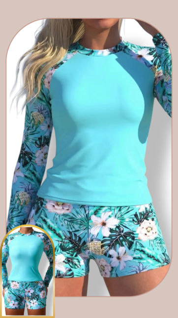 Tankini Celeste con mangas estampadas palmeras y margaritas