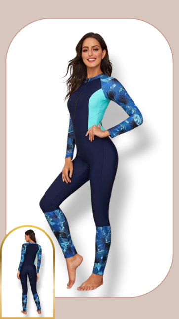Burkini Azul marino costados menta mangas palmas estampadas en colores