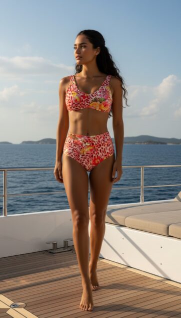 Bikini Top y Panty alta animal print coral con flores amarillas