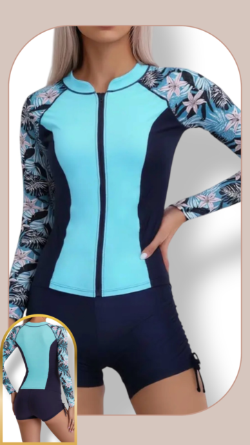 Tankini short ML azul marino con turquesa mangas floreadas