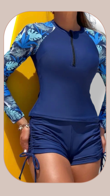 Tankini ML Azul Marino mangas y short estampado hojas azul y menta