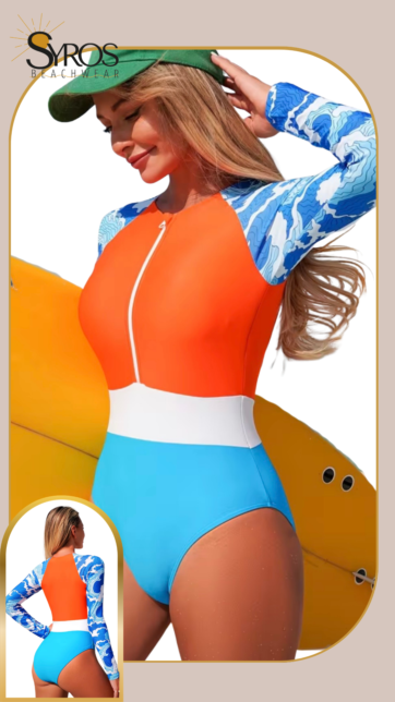 Enterizo manga larga Azul naranja y blanco