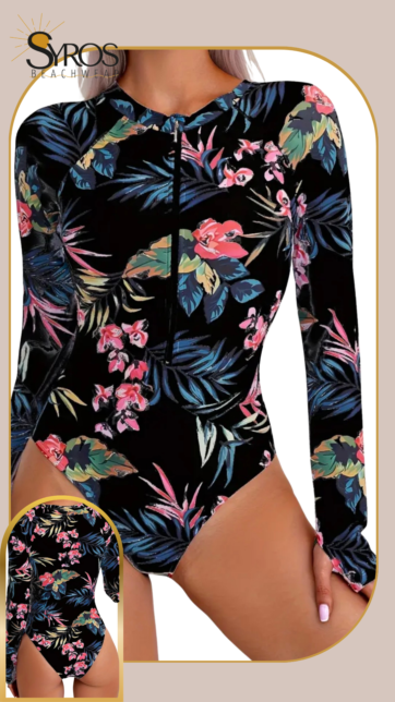 Enterizo manga larga negro estampado con hojas y flores