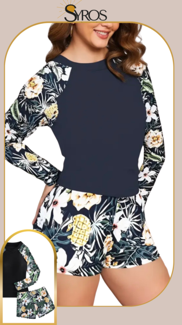 Tankini negro con mangas estampadas piñas