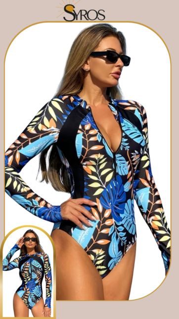 Enterizo manga larga  estampado hojas azul naranja amarillo