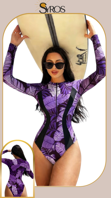Enterizo manga larga negro estampado hojas morado