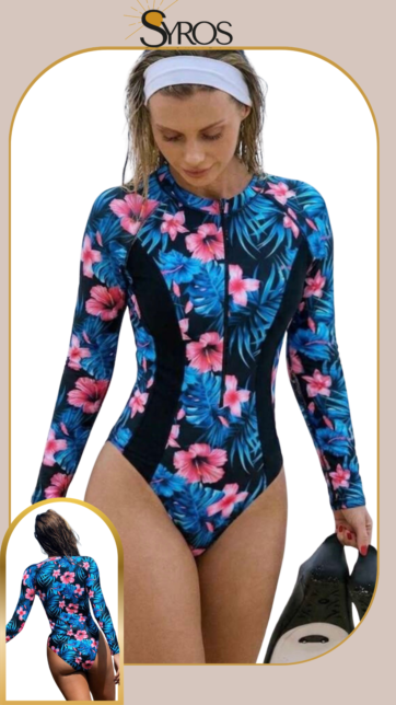 Enterizo manga larga negro estampado hojas azules flores rosadas